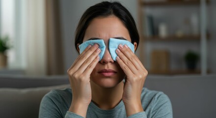 Asian young woman applying ice packs to eyes for relaxation at home