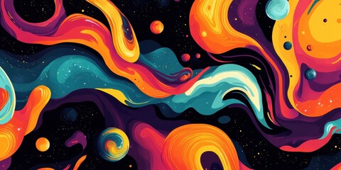 Abstract cosmic landscape with swirling colorful nebulae and planets