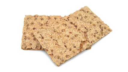 Top view of two crispy wheat rye brown crackers (crispbreads), isolated on a white background,...