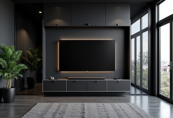 Modern Black Office Space with LED TV Mockup: Cinematic 4K Render Featuring Mirror Wall and Metal Accents, Ultrarealistic Image Ideal for Corporate and Technology Presentations.

