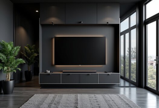 Modern Black Office Space with LED TV Mockup: Cinematic 4K Render Featuring Mirror Wall and Metal Accents, Ultrarealistic Image Ideal for Corporate and Technology Presentations.

