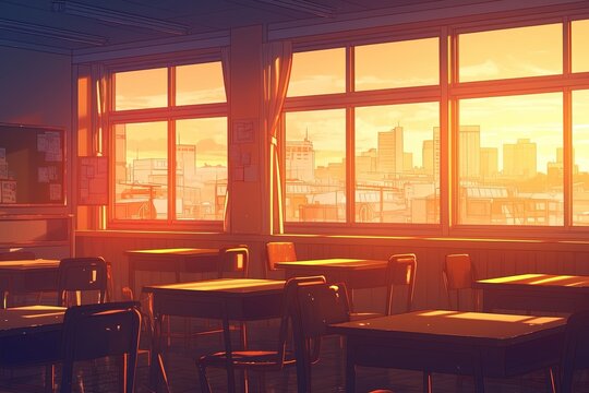 Empty classroom at sunset with city view