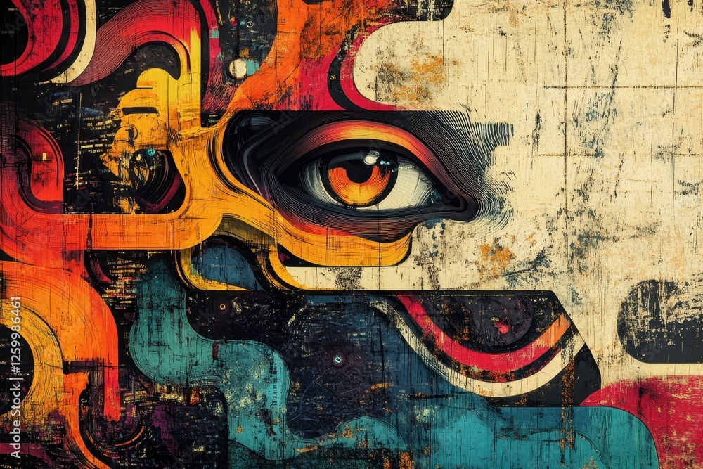 Poster abstract eye peers from geometric patterns in a grungy background