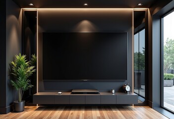 Fototapeta premium Sleek Black Modern Office with Mirror Wall and LED TV Mockup: Ultrarealistic 4K Image with Metal Accents, Perfect for Corporate Presentations, Website Design, and Digital Marketing.