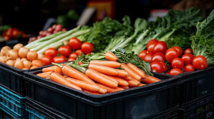Colorful display of fresh vegetables at a bustling urban market during a sunny afternoon. Generative AI