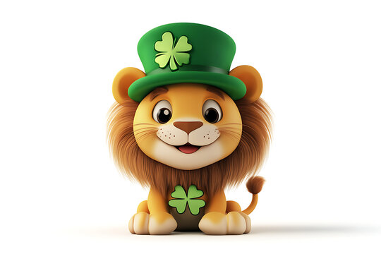 Cheerful cartoon lion wearing a green hat with a shamrock, sitting against a plain white background