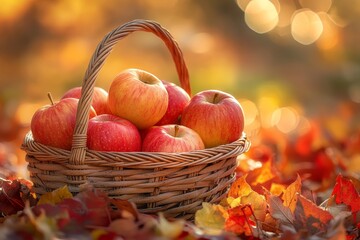 Autumn apples basket harvest fall leaves outdoors
