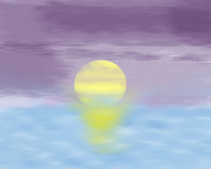 Sunset hand painted texture. Sea, Sun set and dark sky. Illustration.