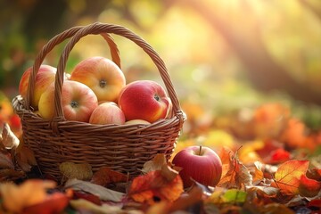 Autumn harvest Apples in basket, fall leaves, orchard