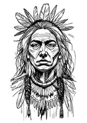 Native American Warrior – Black & White Ink Portrait