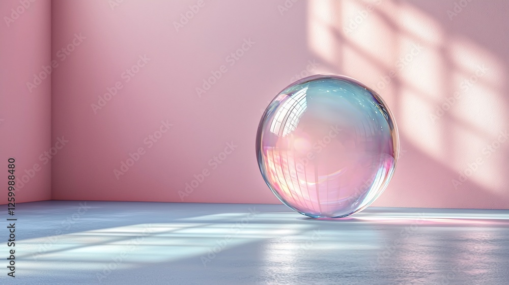 Poster iridescent sphere in pink room, sunlight. background use for design