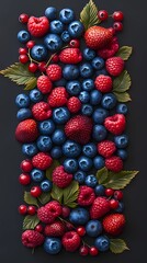 Mixed berries drawing designed for culinary illustrations, with rich colors and textures to enhance food-related design projects. Book illustration style.