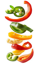 flying Sliced red green and yellow peppers isolated on transparent white background, clipping path