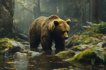 Grizzly bear fishing in misty forest stream
