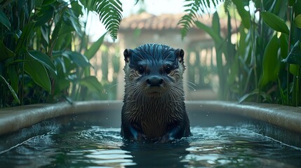 Majestic Otter Swimming in Lush Tropical Oasis Nature Photography Vibrant Environment Close-up View Wildlife Concept