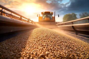 A close-up view of harvested grains being collected by a combine harvester, with a sunset in the background. Concept Harvesting Process, Combine Harvester, Close-Up Photography, Sunset Background