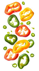 flying Sliced red green and yellow peppers isolated on transparent white background, clipping path