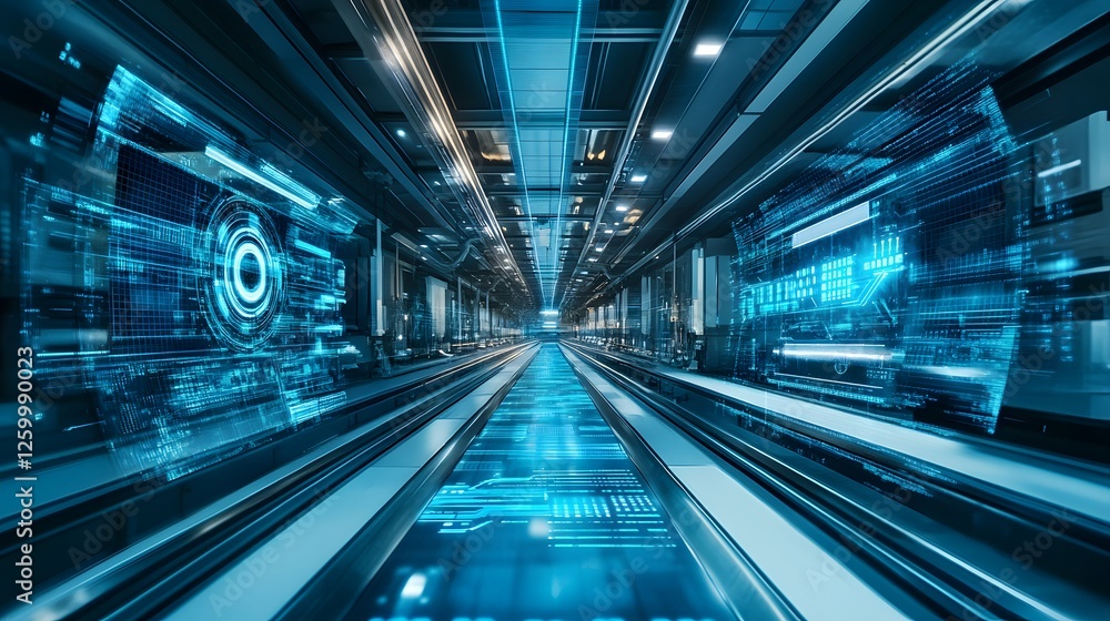 Poster a futuristic tunnel with blue lights and a circular screen. the tunnel is long and narrow, with a se