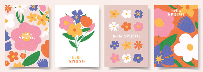 Hello Spring vector cards. Hand-drawn posters for decoration spring events, Mother's Day, Easter. Beautiful spring flyers with abstract flowers. Concept of trendy spring covers.