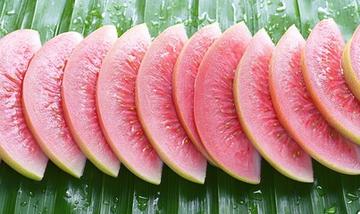 Pink guava slices on wet leaf, tropical fruit, refreshing snack, food background, healthy eating