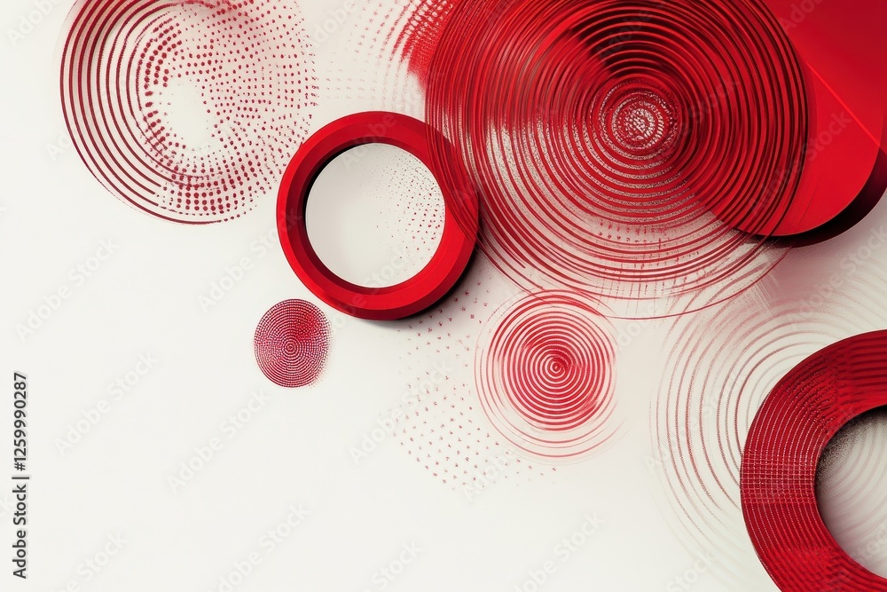 Wall mural abstract composition of red circles and spiral patterns on white