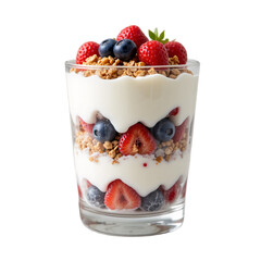 Glass of Mixed Berry Yogurt Parfait with Granola Topping Isolated on White Background, Fresh and Healthy Dairy Snack, Rich in Protein, Fiber, and Antioxidants