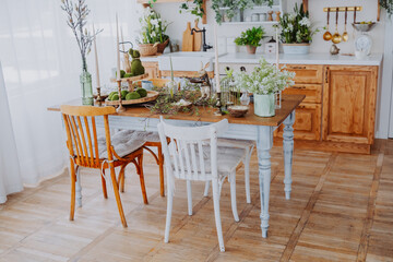 Elegant dining setup with natural decor in well-lit kitchen environment