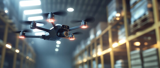 Innovative drones navigate a smart warehouse for advanced logistics and efficient inventory management