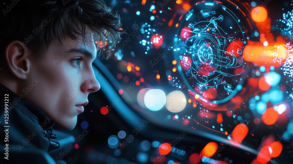 Poster dynamic futuristic digital holographic interface display with glowing neon lights and abstract eleme