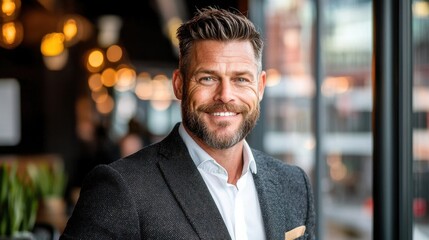 Fototapeta premium Confident Businessman in Suit Smiling in Urban Office Setting