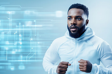 Futuristic Athlete Running with Digital Performance Analysis Interface