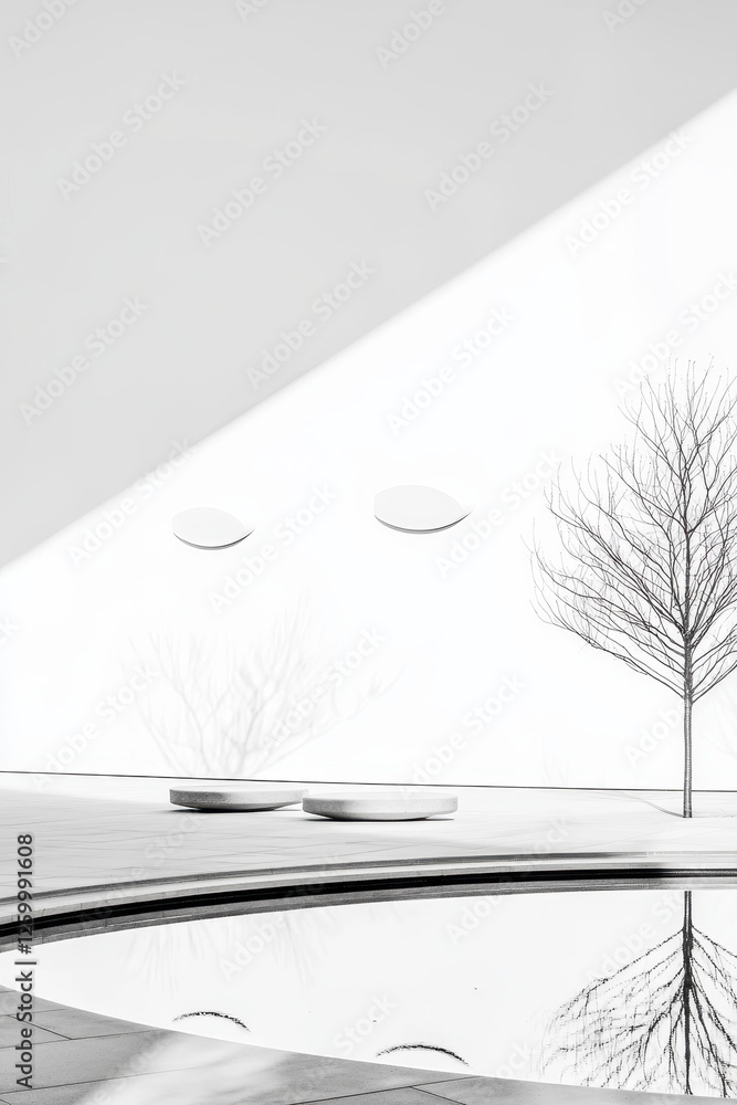 Poster a captivating minimalist scene of reflection and shadow in an urban setting emphasizing nature's int