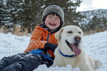 A young boy and his happy dog enjoying a day out in the snow.
