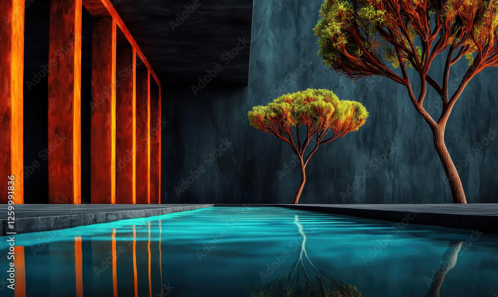 Poster exploring modern architecture: a captivating fusion of nature and design in a tranquil water landsca