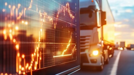 Sunset over Bustling Urban Skyline with Market Data Visualization on Digital Screen