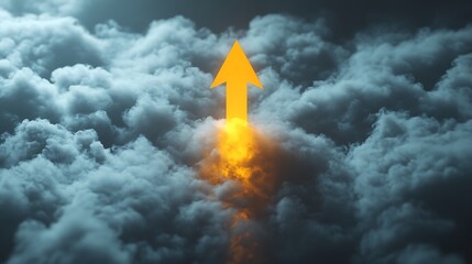 Fototapeta premium Golden Arrow Piercing Storm Clouds, A golden arrow piercing through dark storm clouds with fiery light