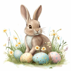Easter Bunny Sitting with Decorated Eggs in Spring Meadow, generated AI