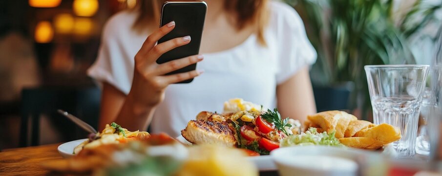 A businesswoman using a smartphone to coordinate with her remote team during lunch