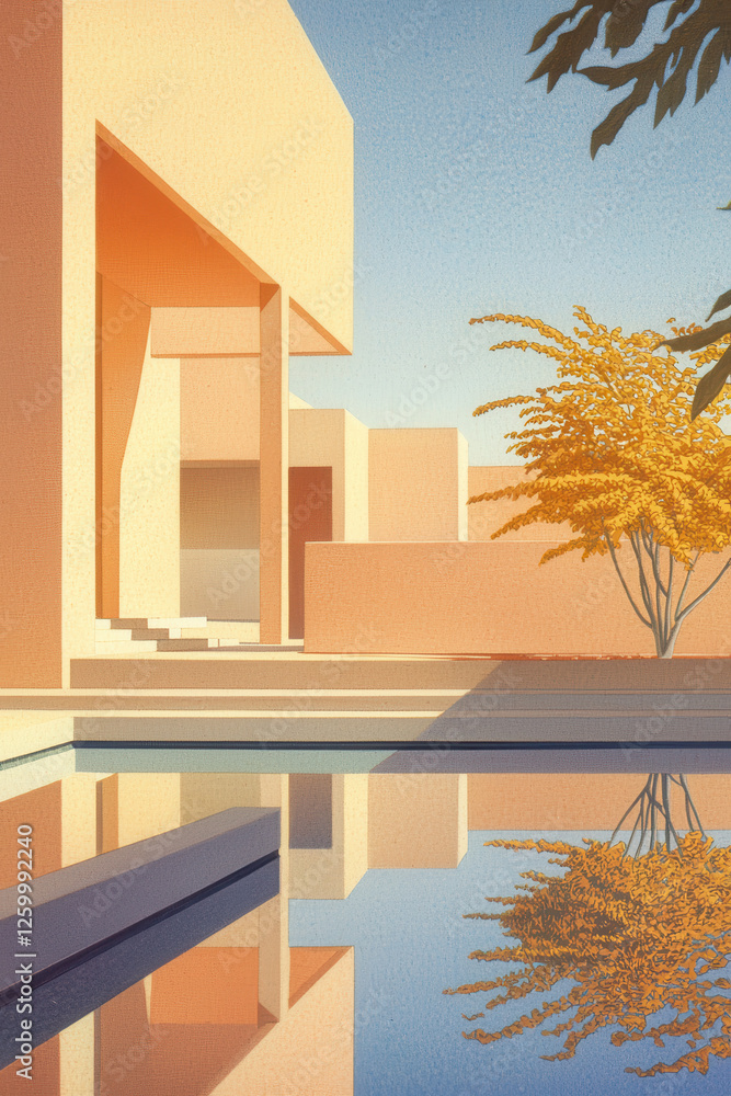 Poster explore a serene modern architecture with reflecting pool and vibrant landscape in a harmonious blen