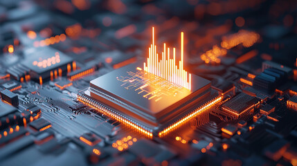 Futuristic AI Microchip Processing Data with Glowing Digital Visualization, AI powered