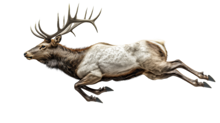 Majestic reindeer leaps in mid-air against a bright white background showcasing its grace and strength
