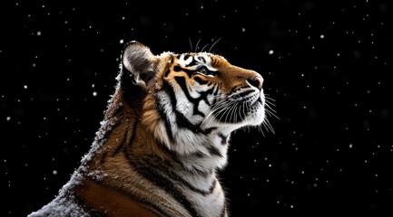 Majestic tiger gazing upward in snowfall against a black background.