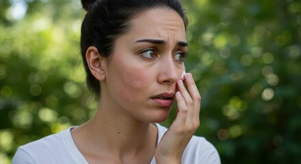 Fototapeta premium Concerned young hispanic woman outdoors with green background