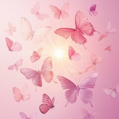 Many pink butterflies fly around bright sunlight on pink background