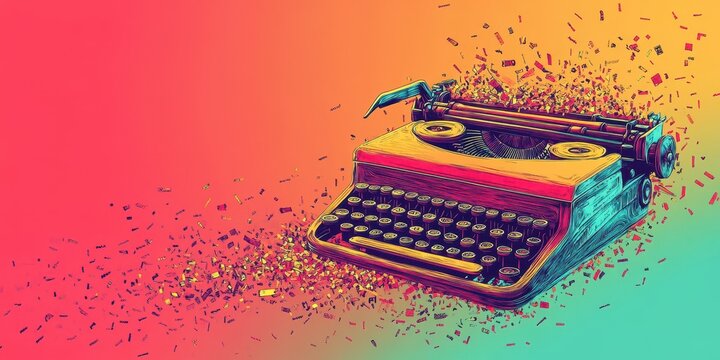 Vividly colored illustration of a vintage typewriter with particles