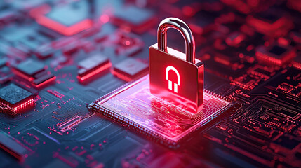 glowing red padlock on circuit board symbolizes cybersecurity and data protection