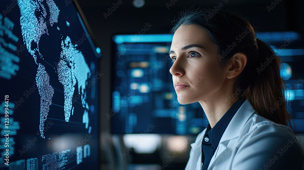 Poster focused woman analyzing data on digital screens in high tech environment