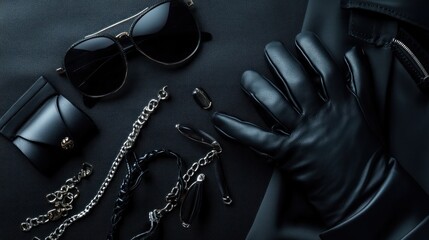 Stylish black accessories arranged on a dark surface