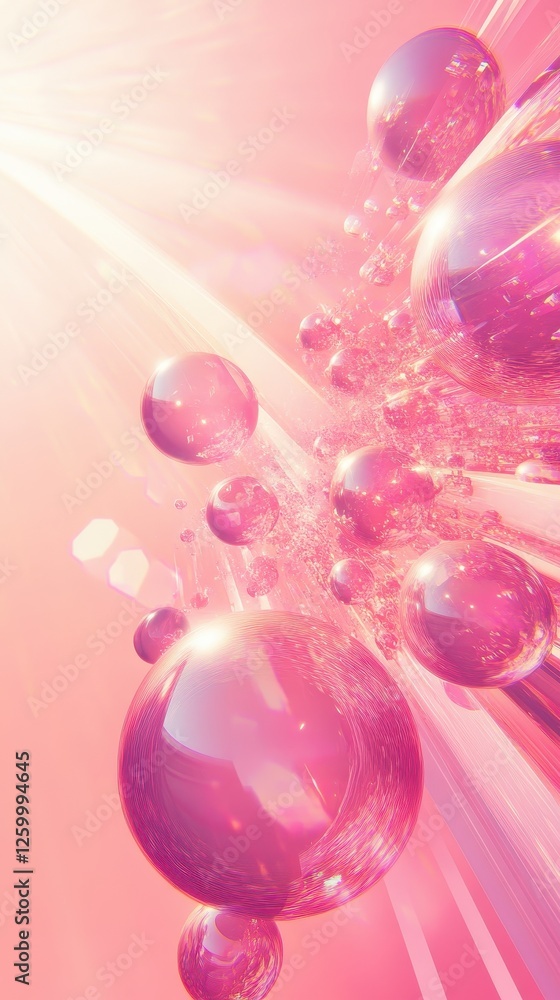 Poster pink reflective spheres floating amongst light rays and subtle structures