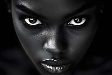 A close-up black and white portrait highlighting striking eyes and facial features. Concept Black and White Portrait, Striking Eyes, Facial Features, Close-Up Photography, Emotional Expression